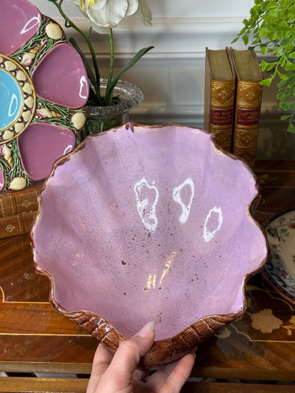 Antique French Majolica Oyster Shell Bowl | Pink Shell Form Centerpiece | 9” | Victorian Oyster Style