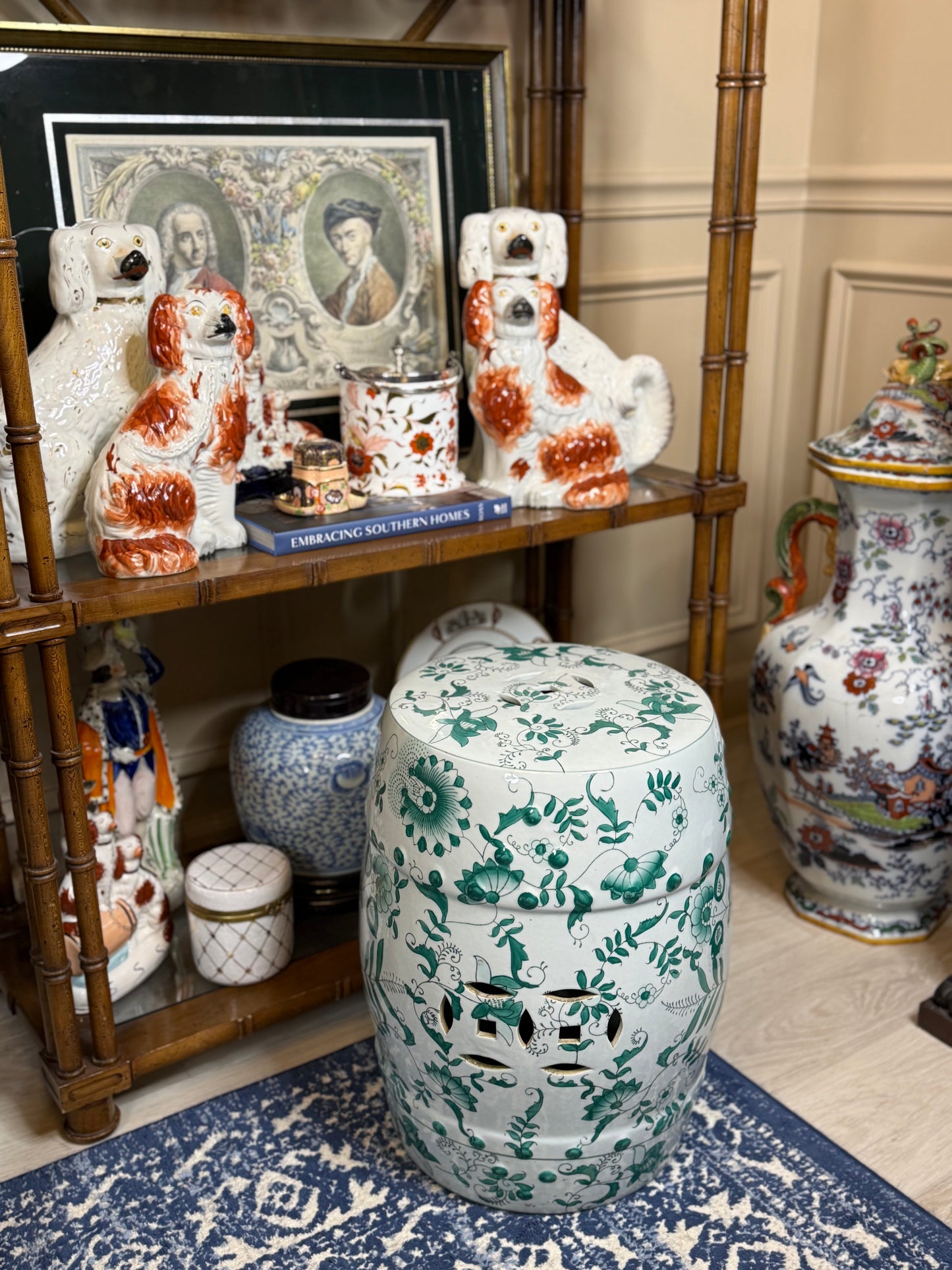 Chinoiserie 18” Green & White Porcelain Garden Stool – Pierced Drum Form with Floral Scrollwork