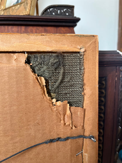 Antique Berlin Wool Needlepoint with Romantic Figure & Floral Garland — Gilt Framed