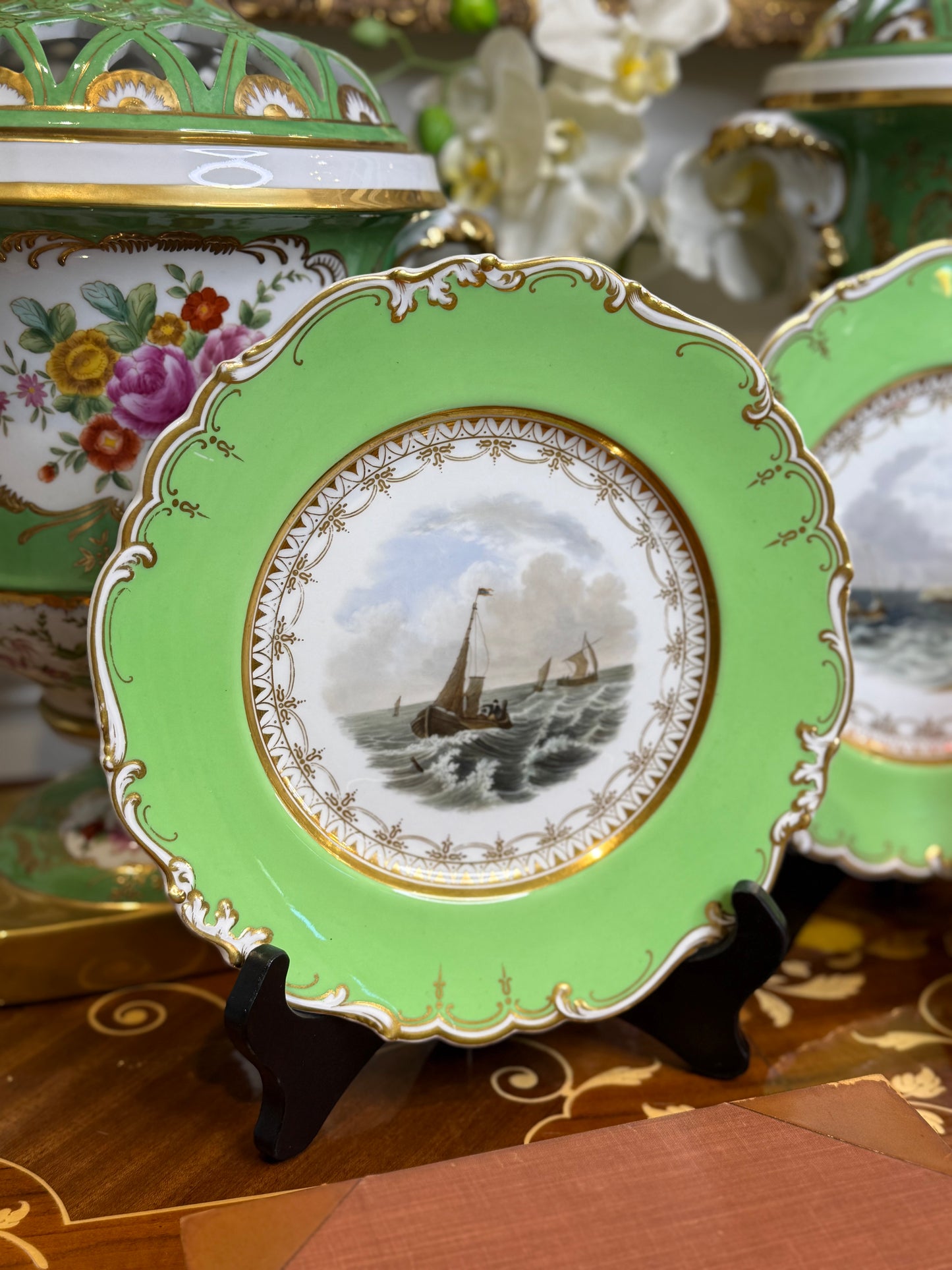 Pair of Ridgway Seascape Plates, c. 1870 | Green-Ground with Gilt, 9” Diameter