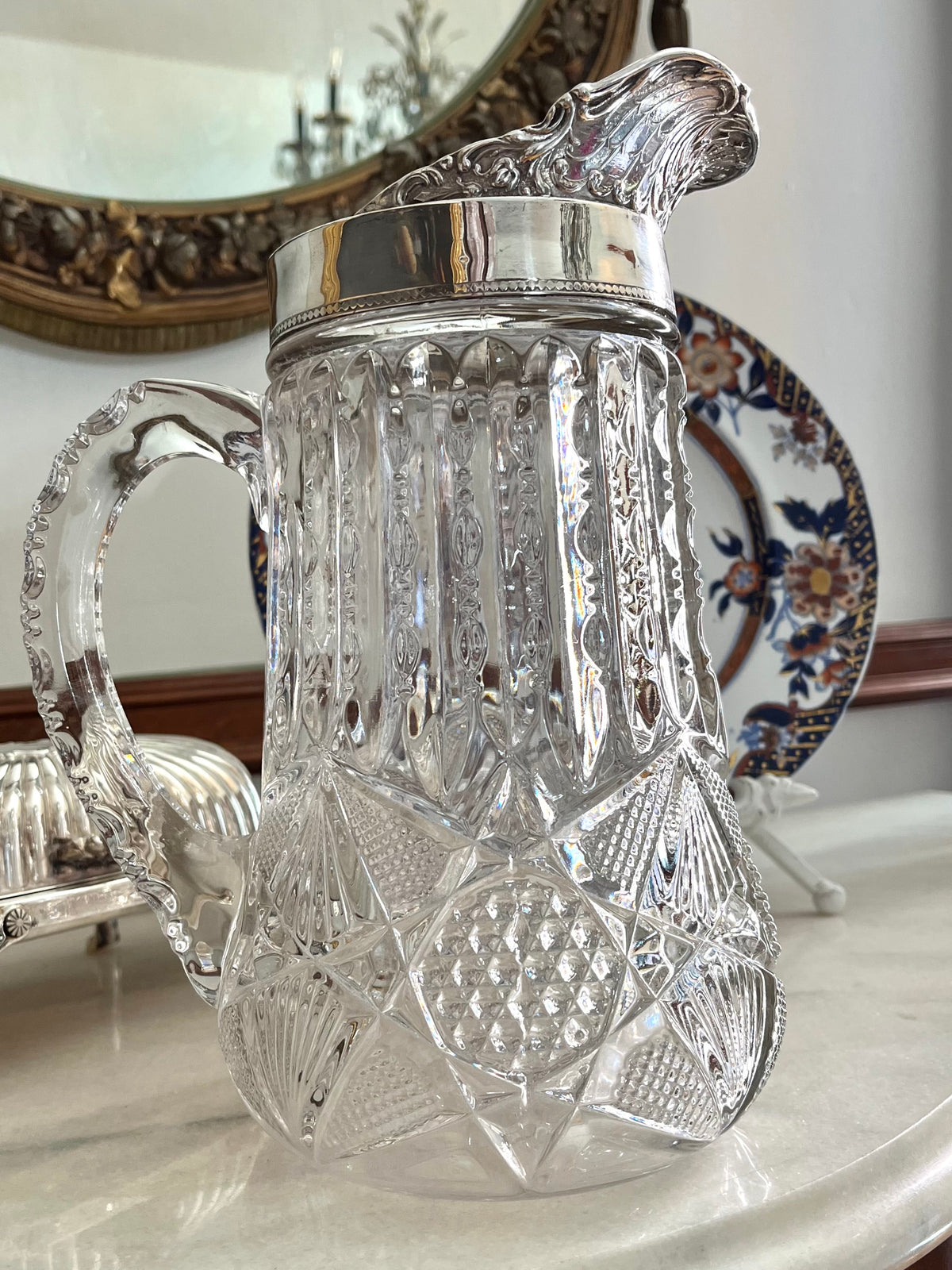 Live 09/20 Gorgeous Cut Victorian EAPG Pressed Glass Pitcher with Ornate Silverplate Mount l