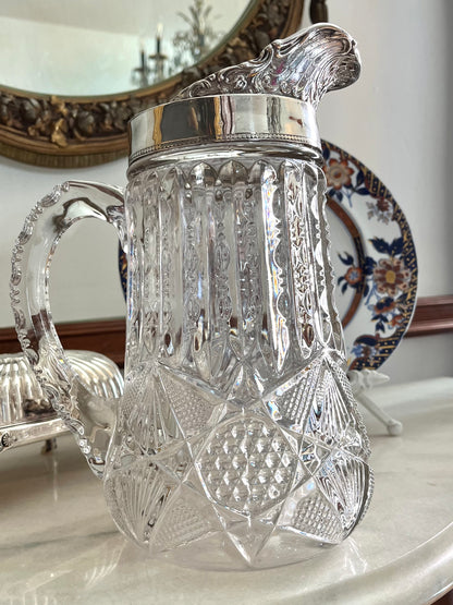 Live 09/20 Gorgeous Cut Victorian EAPG Pressed Glass Pitcher with Ornate Silverplate Mount l