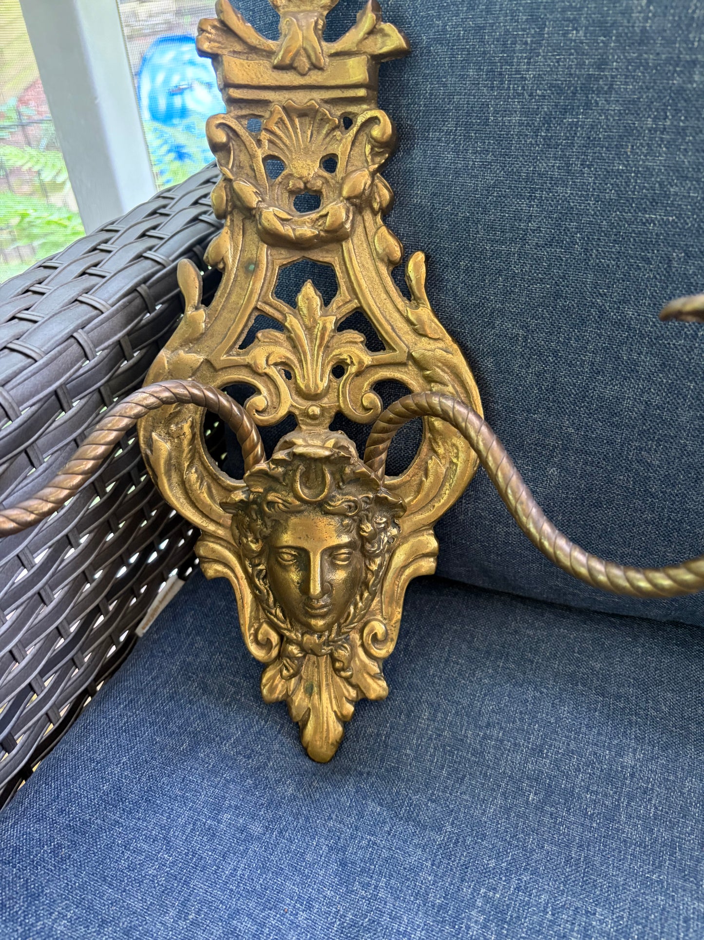 Antique Victorian Figural Brass Wall Sconces with two arms pair!