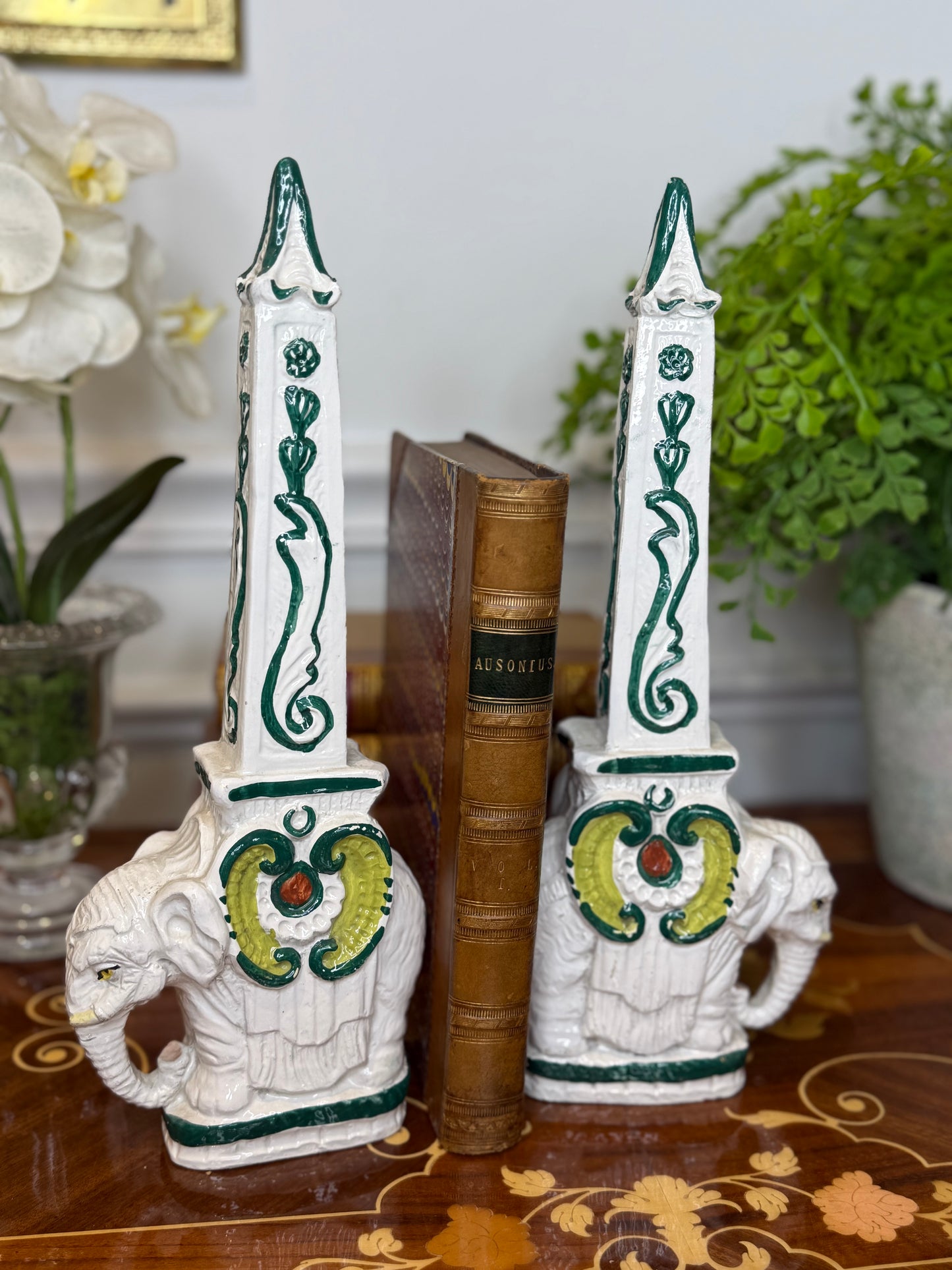 Vintage Italian Pottery Elephant Obelisk Bookends – Pair | 12.5” Tall