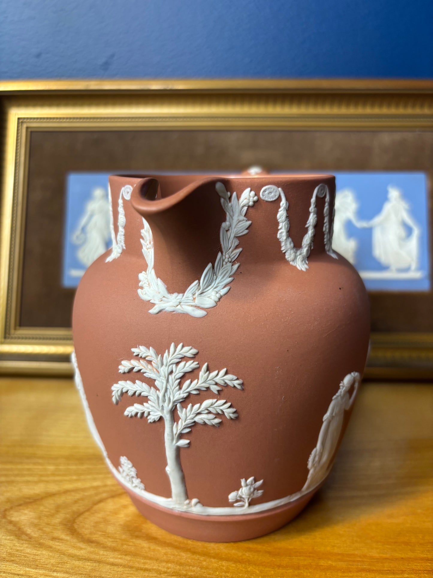 Wedgwood Jasperware terracotta pitcher with gorgeous floral borders!