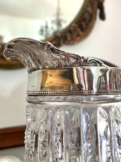 Live 09/20 Gorgeous Cut Victorian EAPG Pressed Glass Pitcher with Ornate Silverplate Mount l