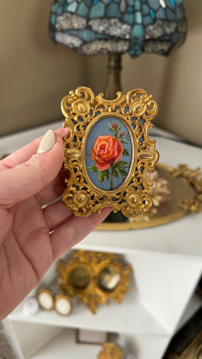 Day 11 apricot rose, original oil painting in antique brass frame
