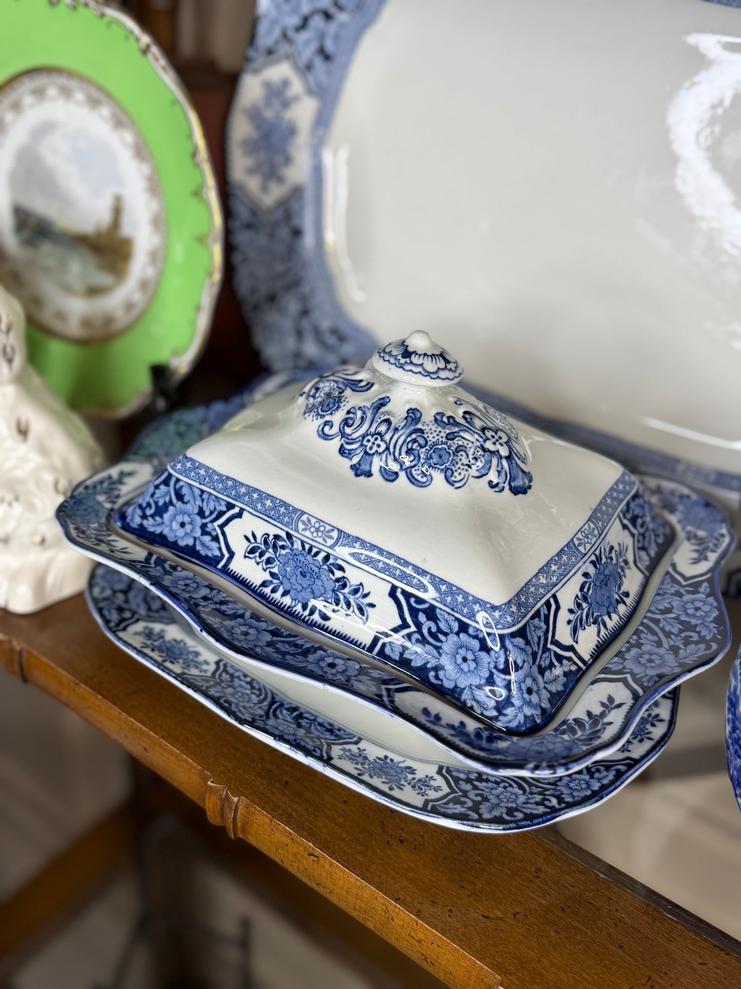 Vintage Wood & Sons “Khotan” Blue & White Transferware Serving Set – Large 18” Platter & Covered Dish, England