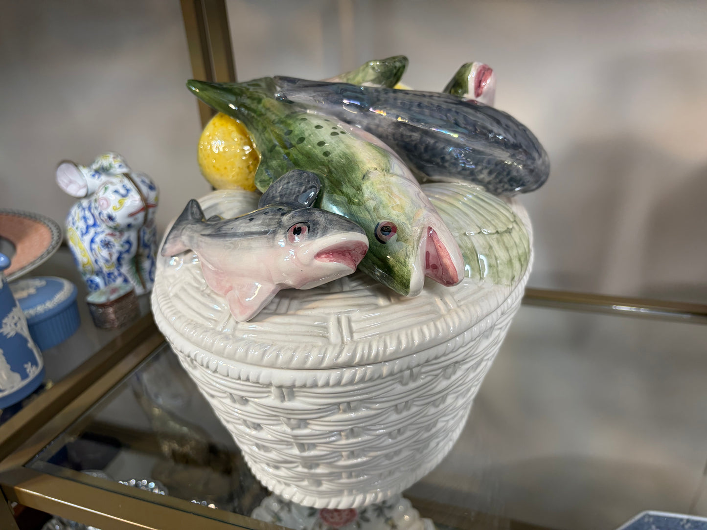 Stunning Italian Fish Tureen with raised fish and lemons and basket design!