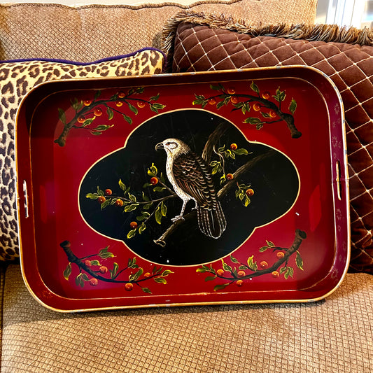 Gorgeous rich red bird botanical vintage hand painted huge tole metal gallery tray.