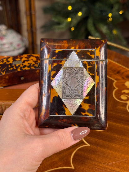 Antique Tortoiseshell Calling Card Case | Mother-of-Pearl & Sterling Silver Cartouche | 4”