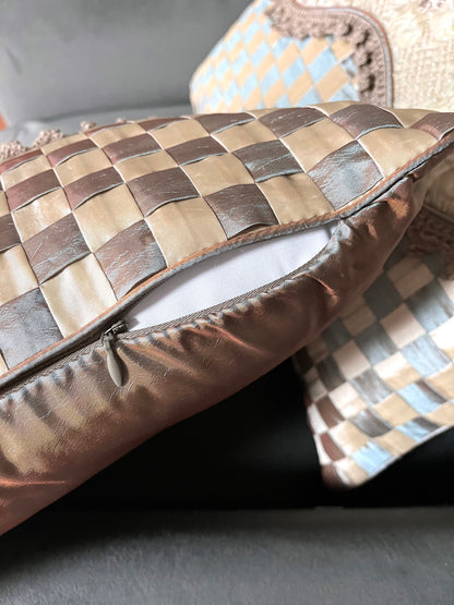 Fantastic Pair Of New Custom Designer Silk Fabric Basketweave And Trim Pillows/Zipper And Insert