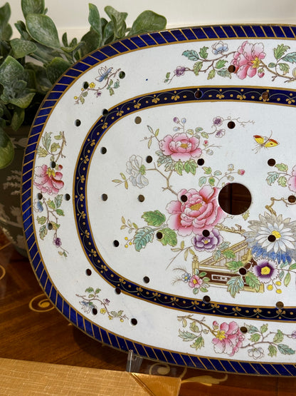 Hicks, Meigh & Johnson “Improved Stone China” Meat Drainer Platter, c.1830 | Floral & Cobalt Flow Blue | 12.5” x 9” | #DA4373