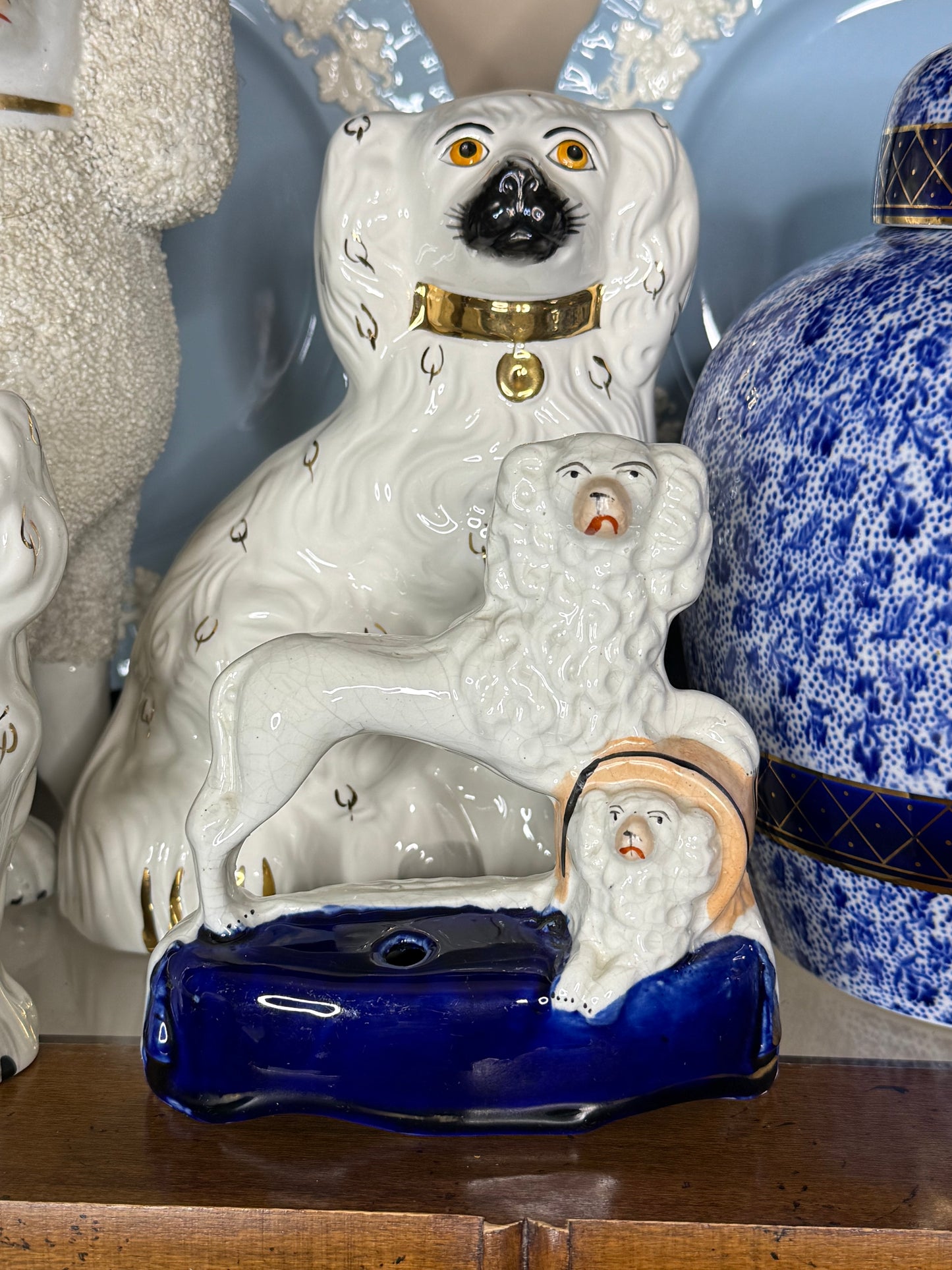Antique Pair, 19th Century Staffordshire Spaniel Dogs with Puppy in Barrel #DA4422
