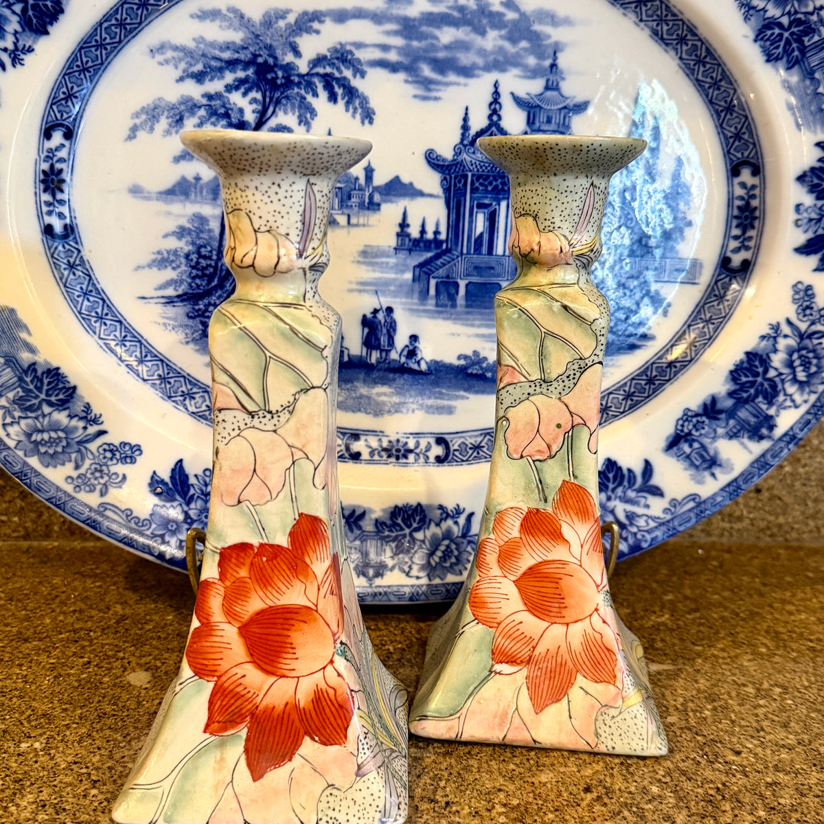 Pair of vintage chinoiserie tall candlestick holders.