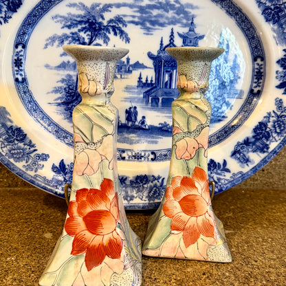 Pair of vintage chinoiserie tall candlestick holders.