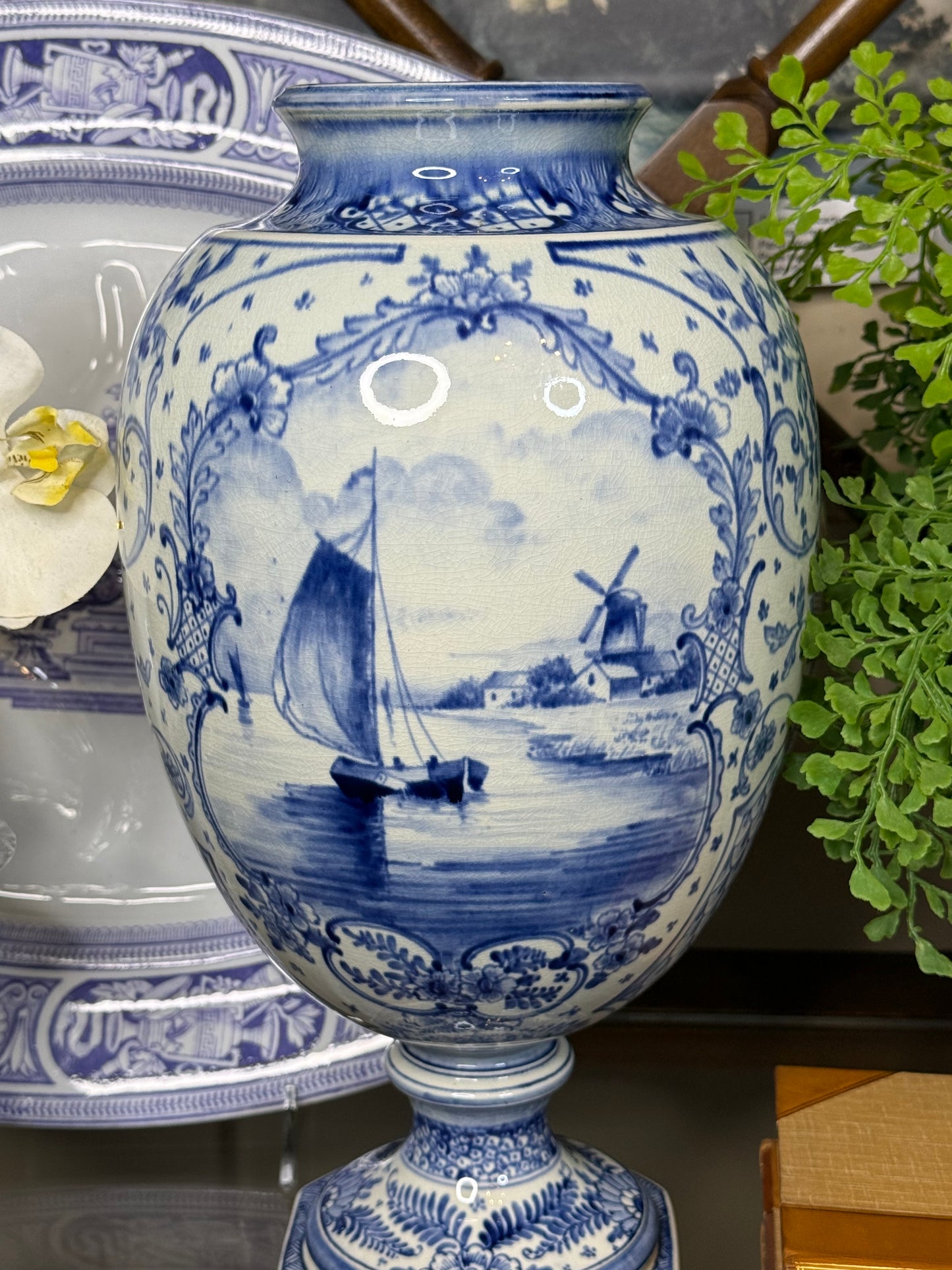Antique Royal Bonn Tall Vase with Hand-Painted Ship Scene | c. 1910 | 14” | DA4418