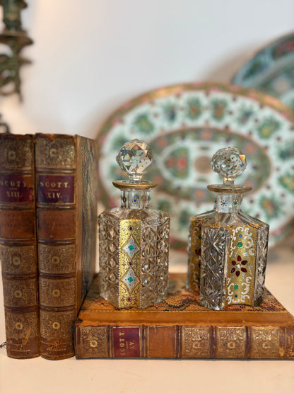 Spectacular Bohemian Cut Glass Perfume Bottles with Gilt enameling and Colorful Cobuchons