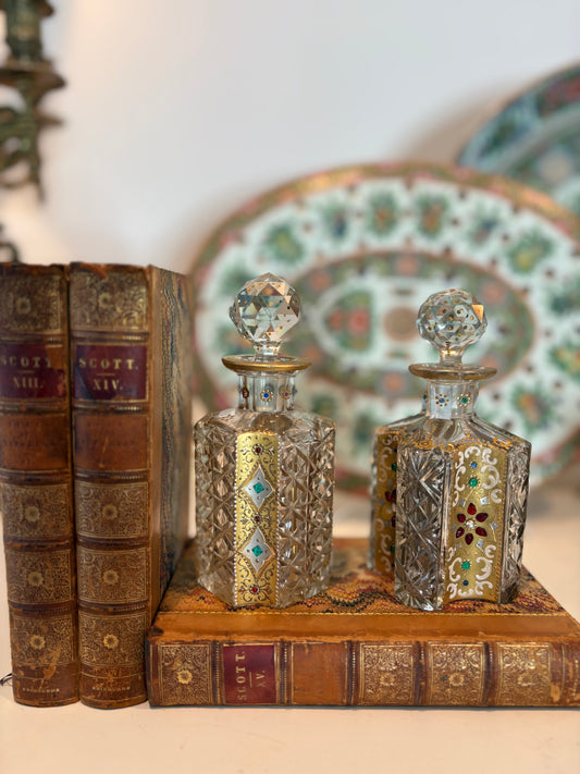 Spectacular Bohemian Cut Glass Perfume Bottles with Gilt enameling and Colorful Cobuchons