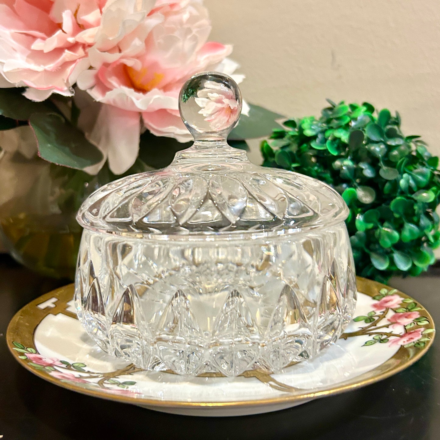 Sparkling Vintage lidded candy dish or trinket jar