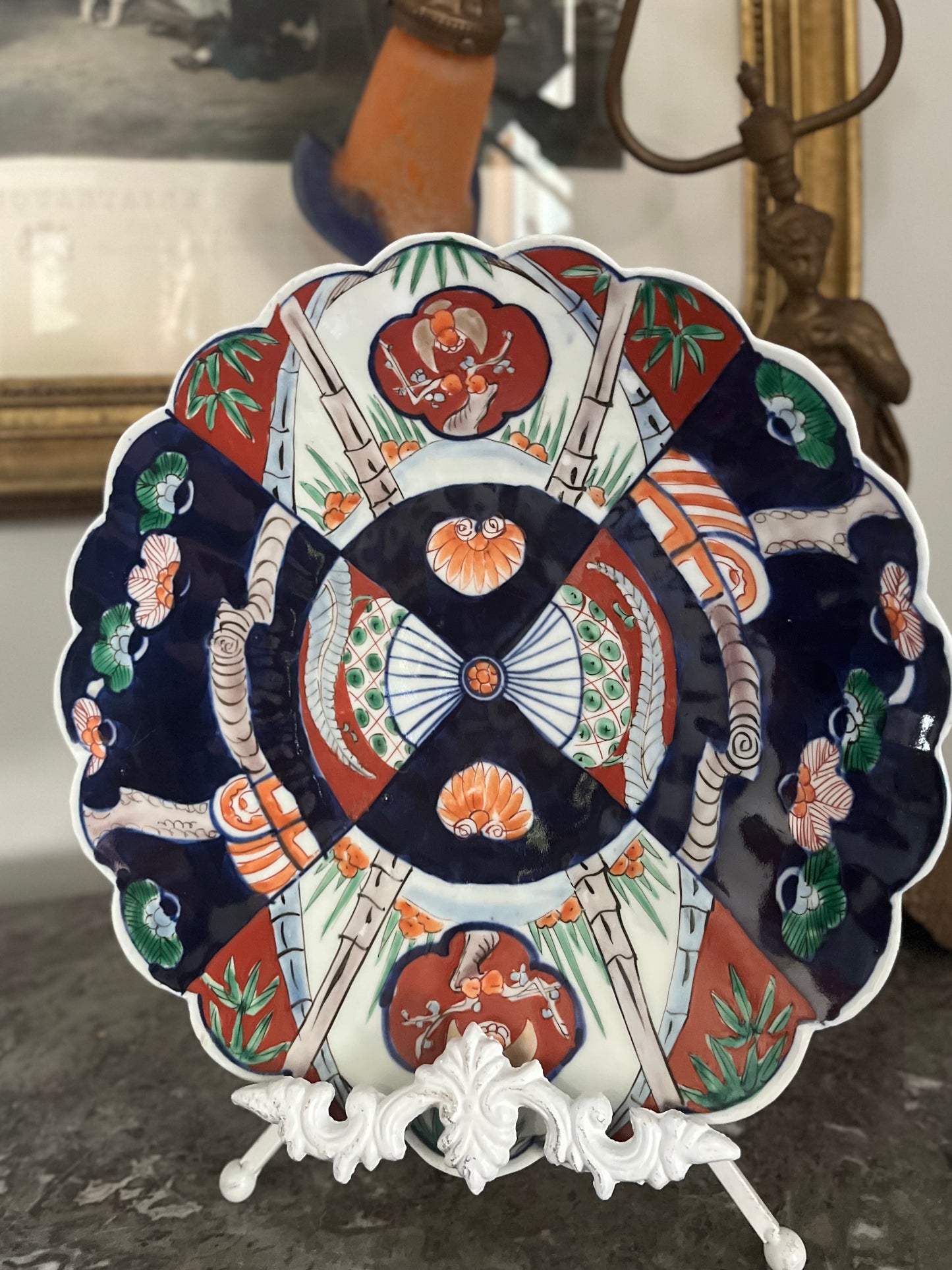 Rare Pattern Antique 12” Japanese Imari Scalloped Charger with Bats, Peaches & Fan Motifs - Circa 1870-1890 Arita