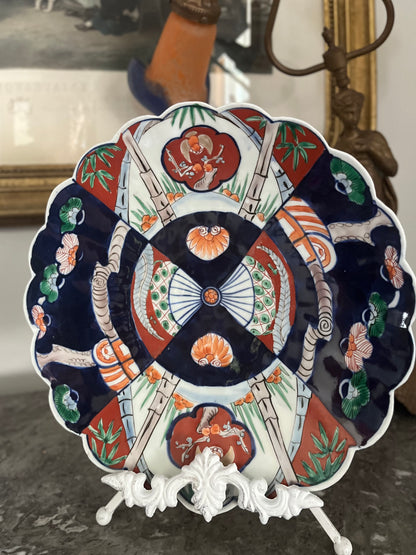 Rare Pattern Antique 12” Japanese Imari Scalloped Charger with Bats, Peaches & Fan Motifs - Circa 1870-1890 Arita