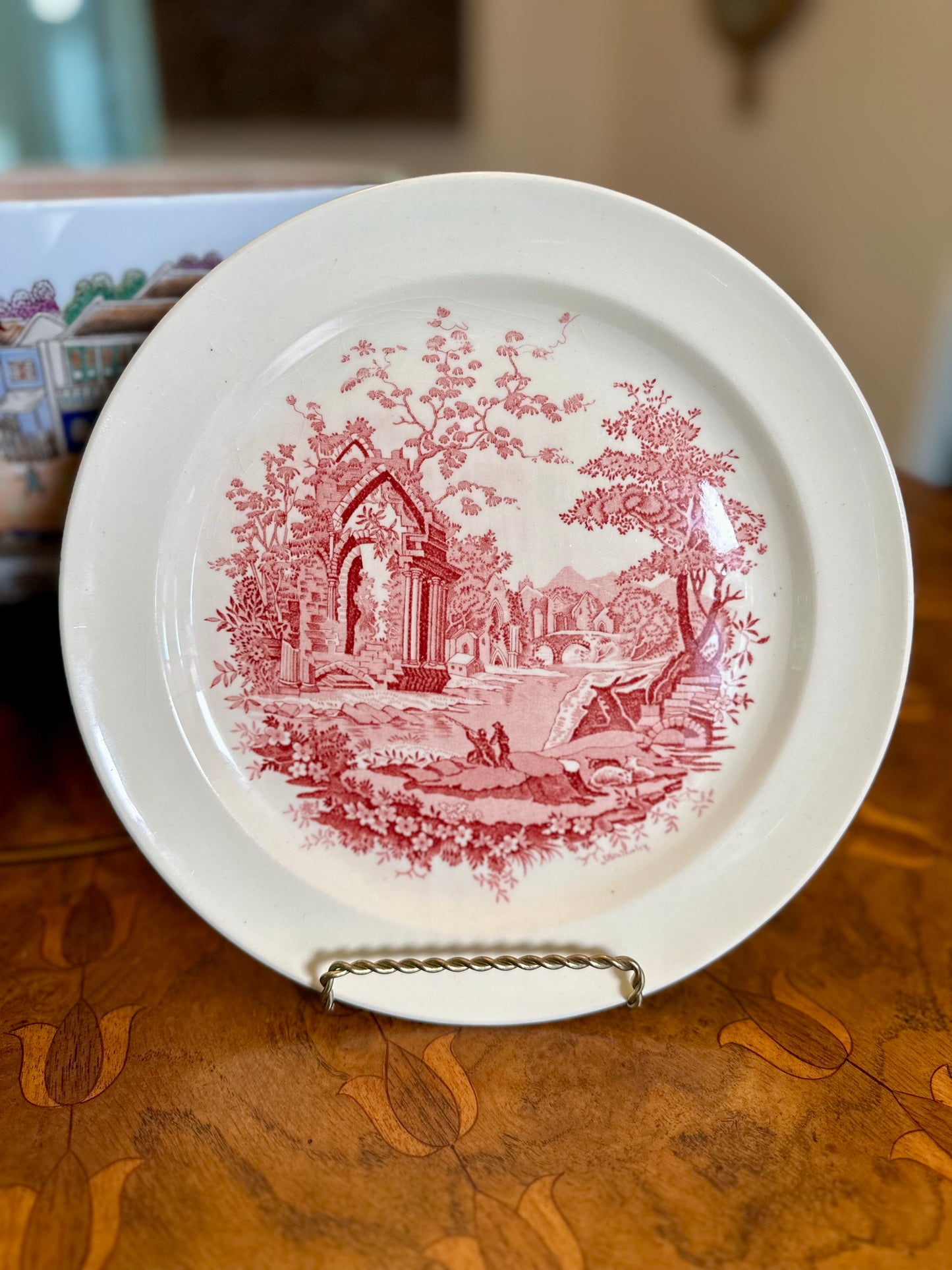 Vintage Taylor, Smith & Taylor “English Abbey” Red Transferware Luncheon Plate | 9.25”