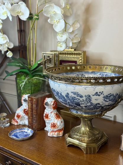 Danny's Fine Porcelain - X-Large Blue & White Basin W/ Bronze Ormolu, 23Lx16Wx17H