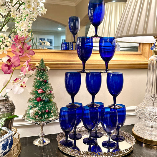 Set of 12 bold cobalt blue wine glasses or water goblets