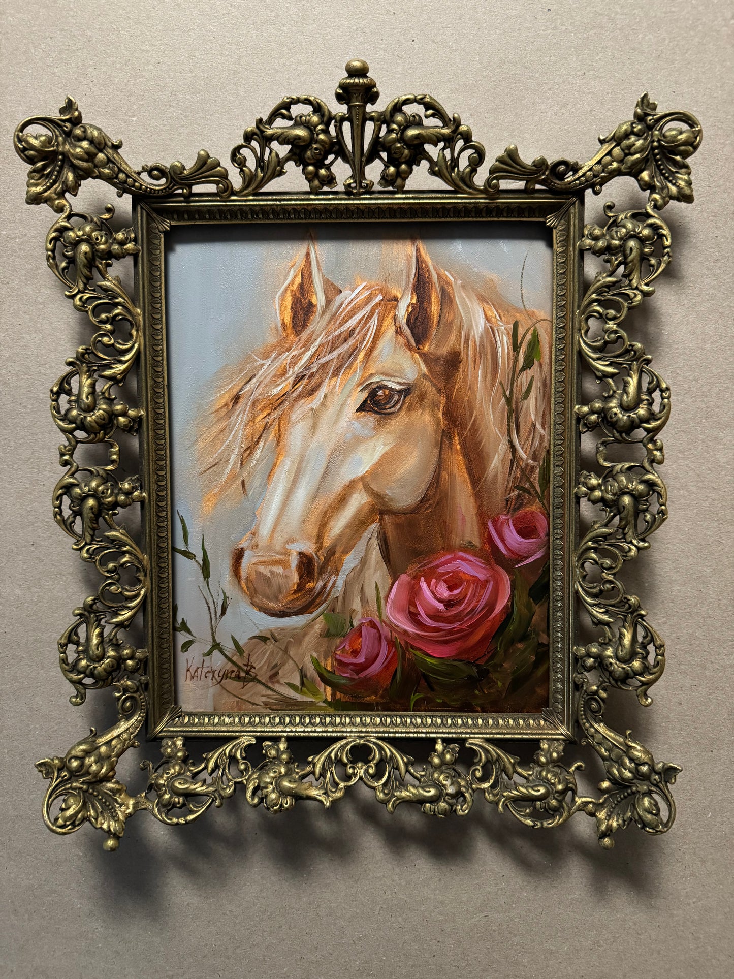 Horse painting in brass vintage frame