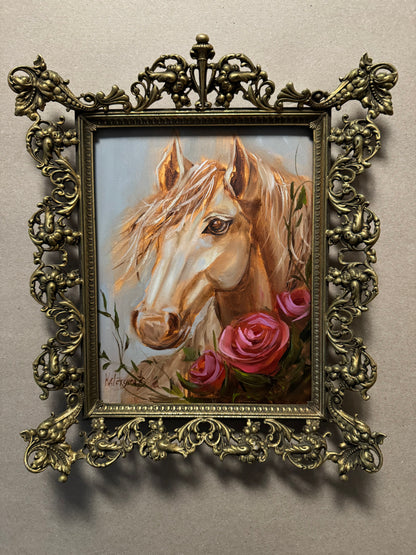 Horse painting in brass vintage frame
