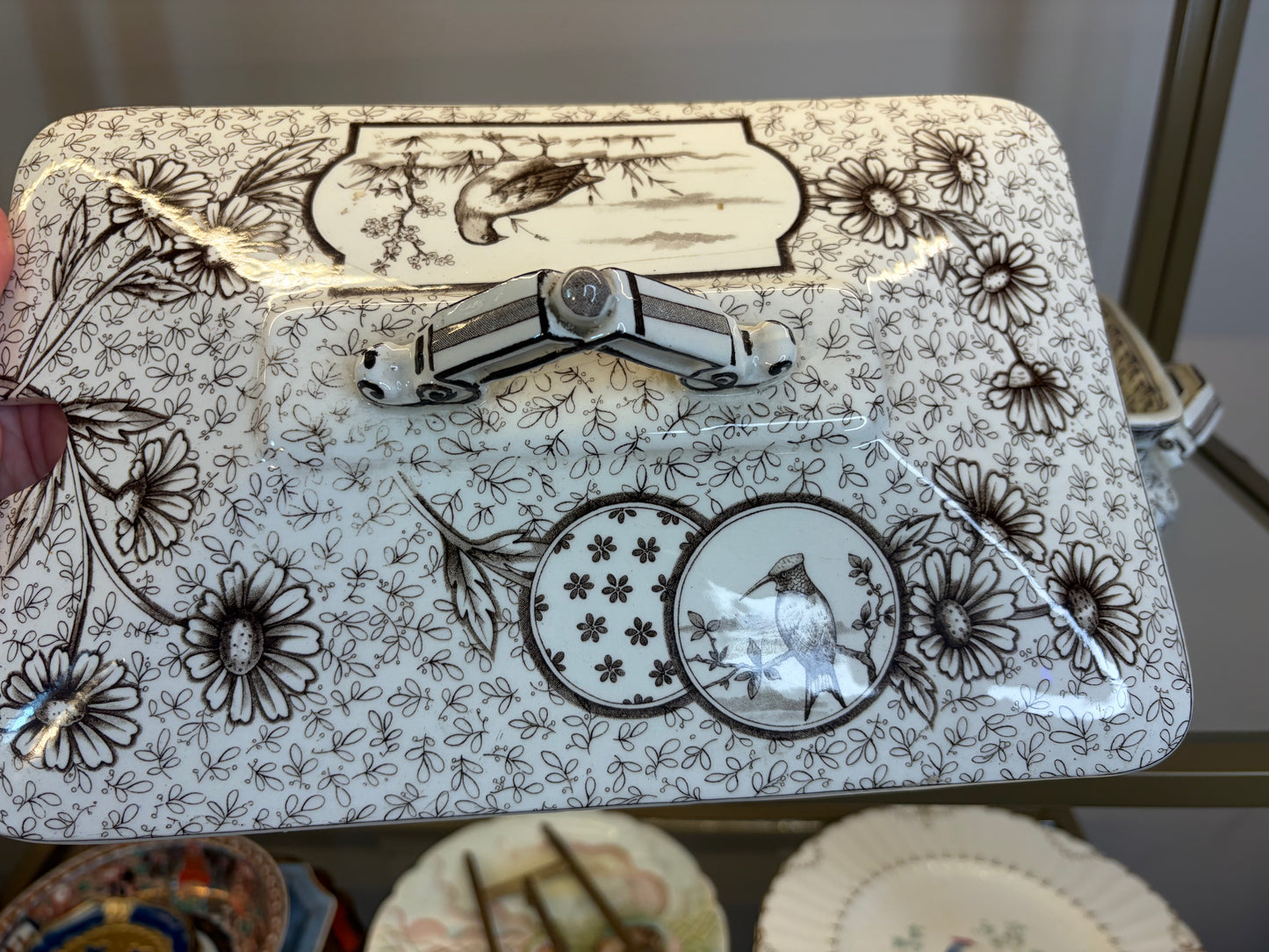 Stunning antique Ridgways brown transferware lidded tureen featuring birds! As is!