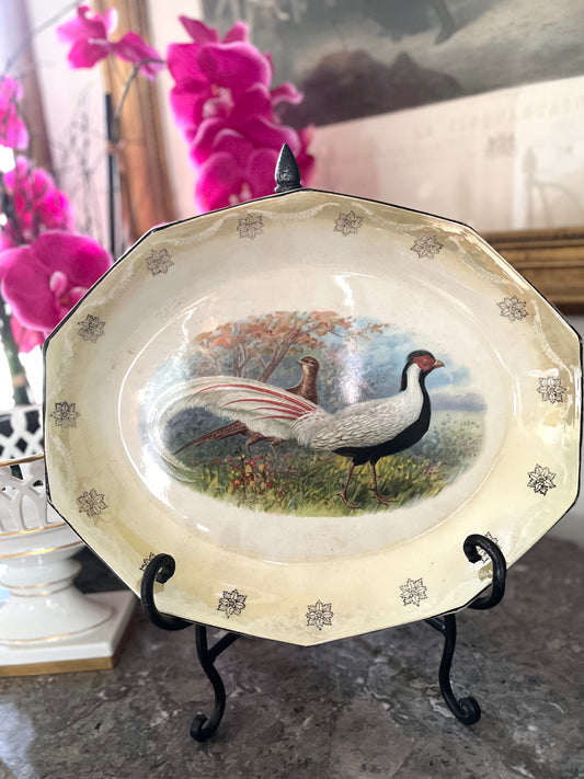 Antique Limoges Pheasant Platter, 12 Sided French Porcelain with Pearlescent Cartouche