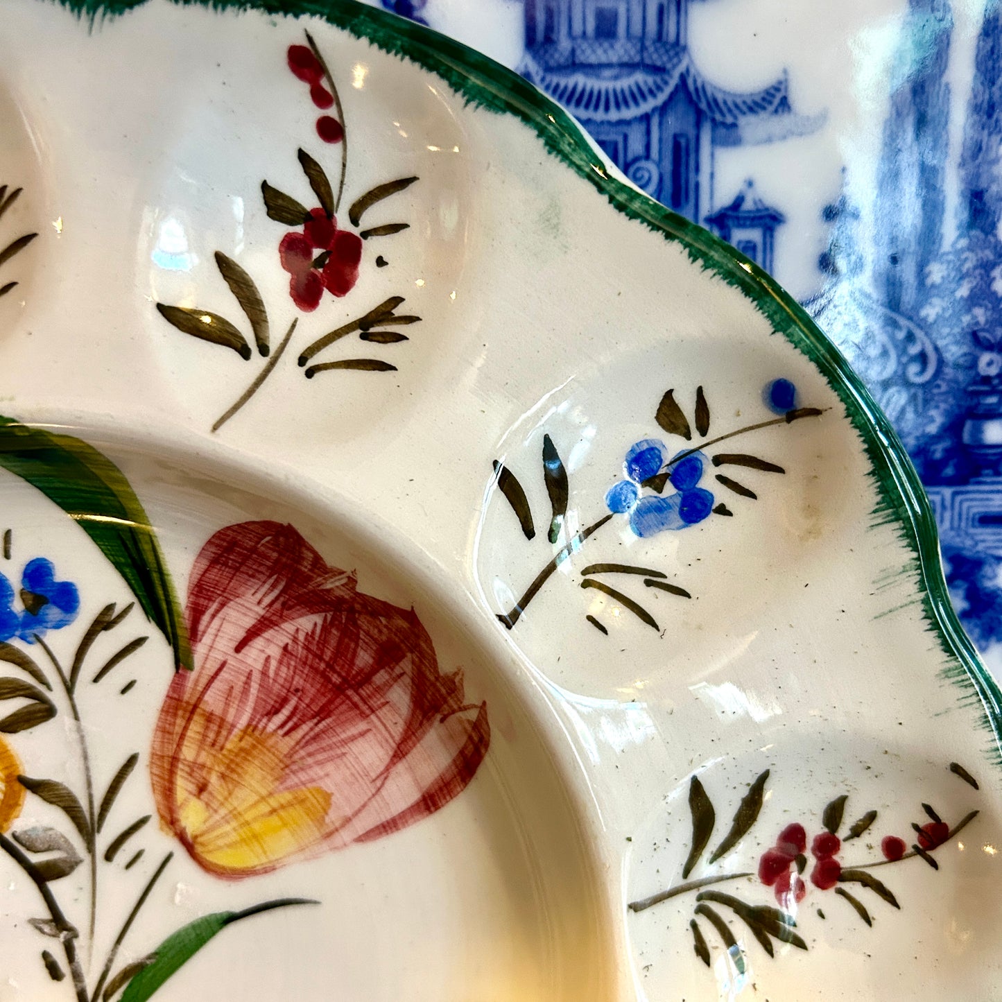 Vintage deviled egg majolica dish. Stamped made in Italy