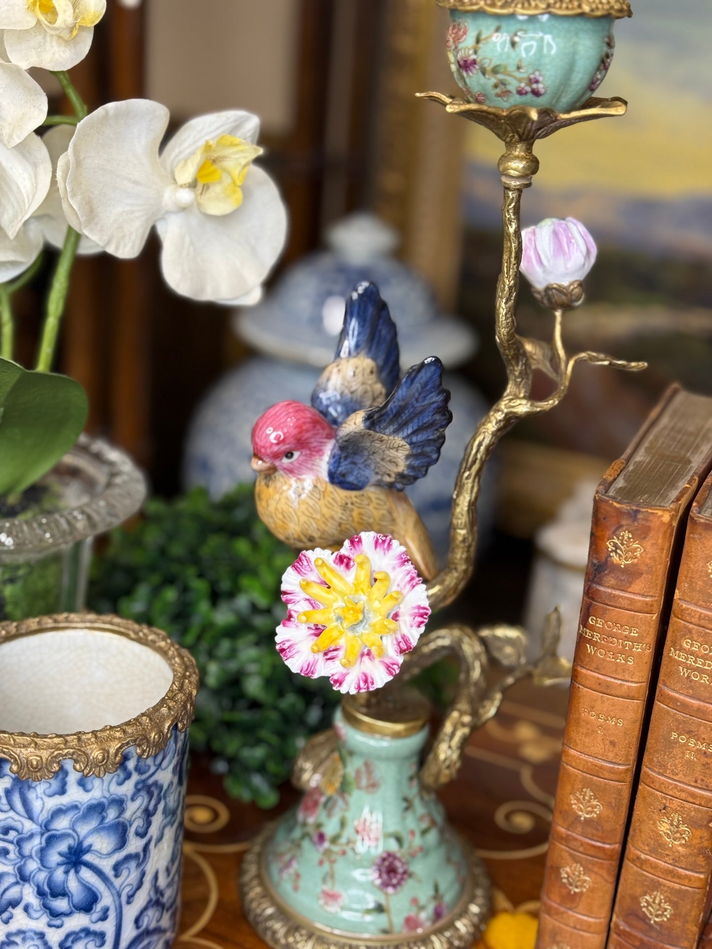 Danny’s Fine Porcelain: 13” Porcelain Bird Candelabra with Bronze Ormolu (Bird Figure Collection)