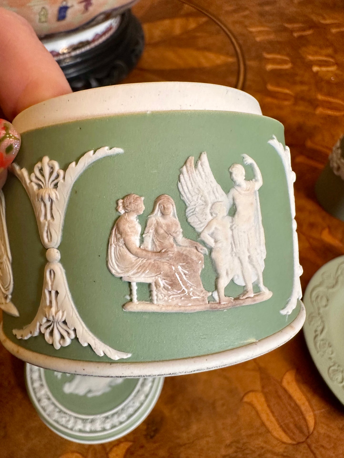 19th Century Antique Wedgwood Jasper Dip "Pomade" Lidded Box in Sage Green