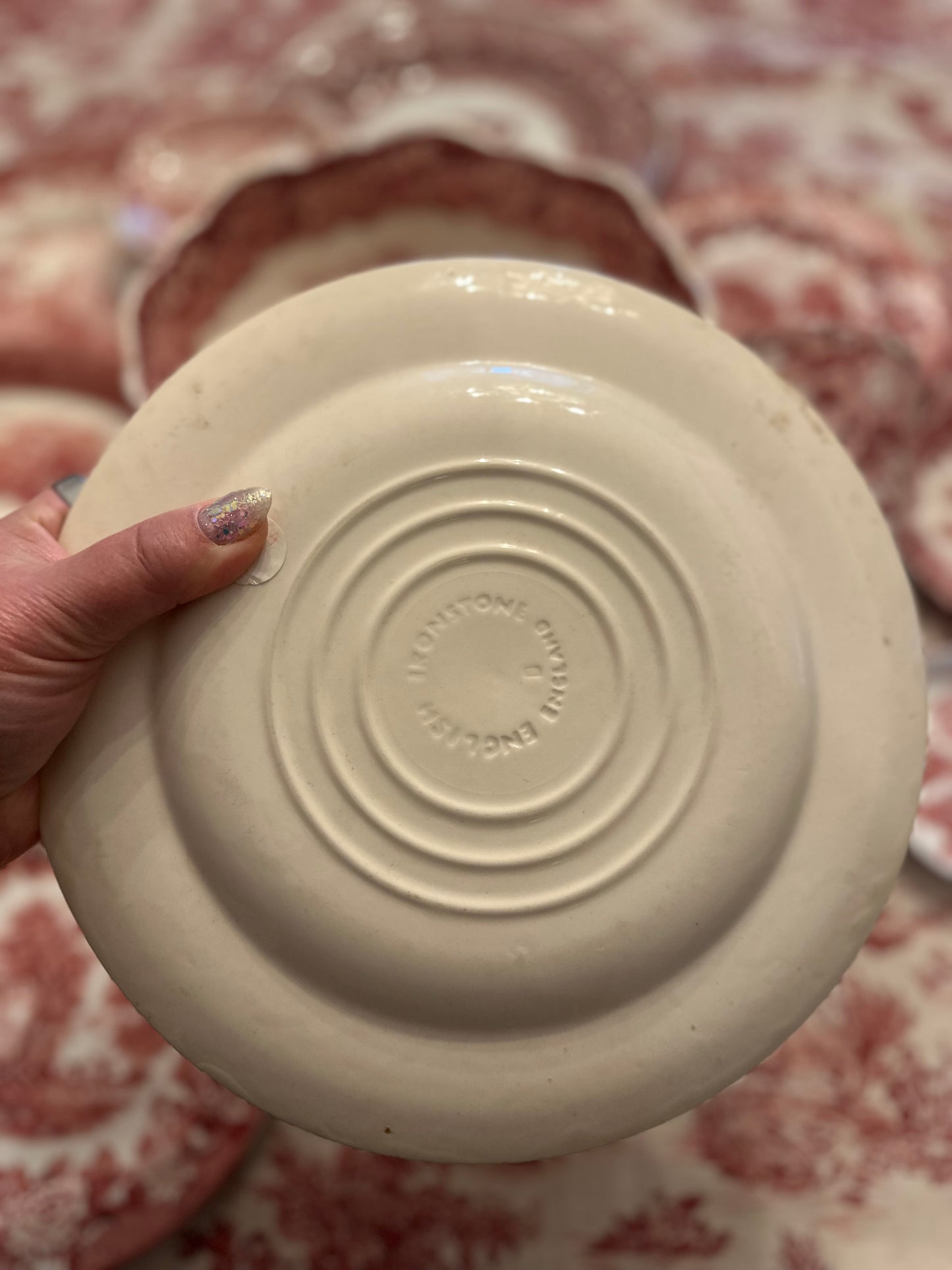 Red & White Transferware Plate Pastoral Scene with Floral Border | English Ironstone, c. late 19th–early 20th century