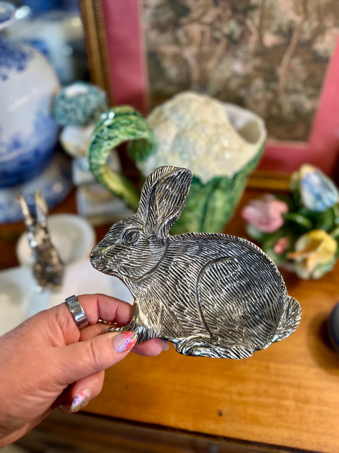 Silver Rabbit Trinket Dish | Figural Bunny Catchall
