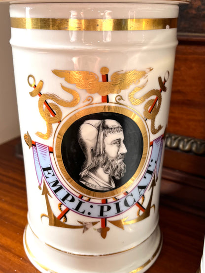 Pair of Antique French Porcelain Apothecary Jars with Portrait Medallions