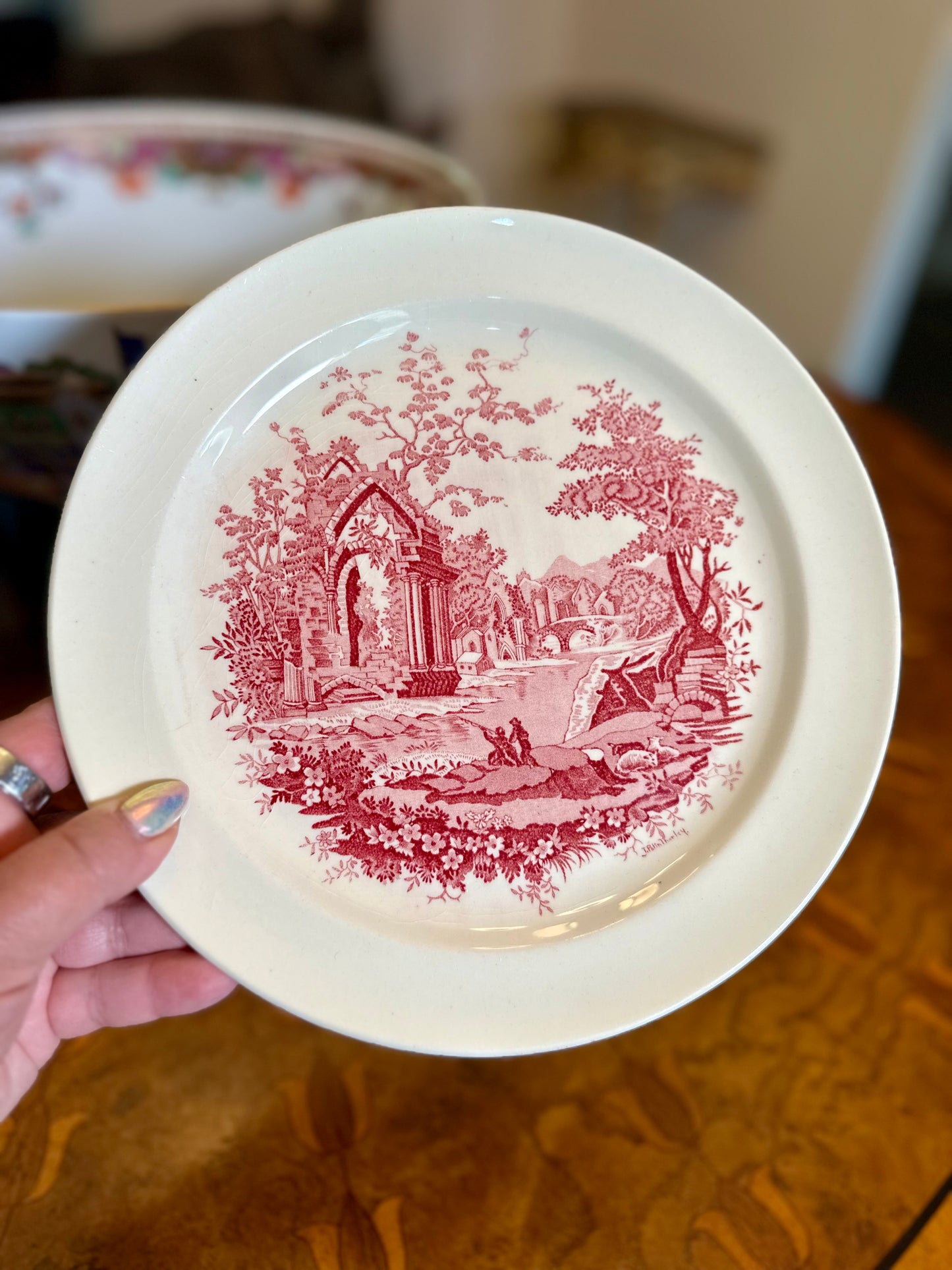 Vintage Taylor, Smith & Taylor “English Abbey” Red Transferware Luncheon Plate | 9.25”
