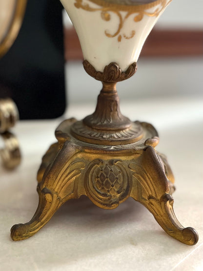 Pair of French Hand-Painted Pastoral Porcelain & Bronze Garniture Urns