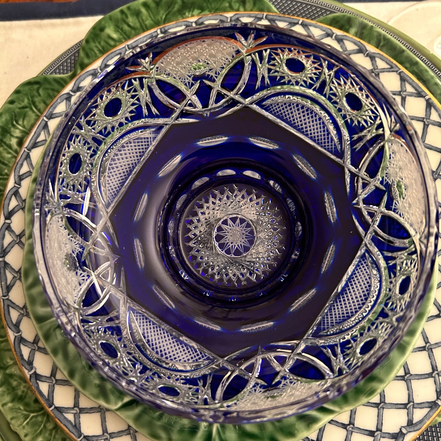 Cobalt Bohemian Czechoslovakian Crystal Bowl with a Deep Intricate Cut Pattern
