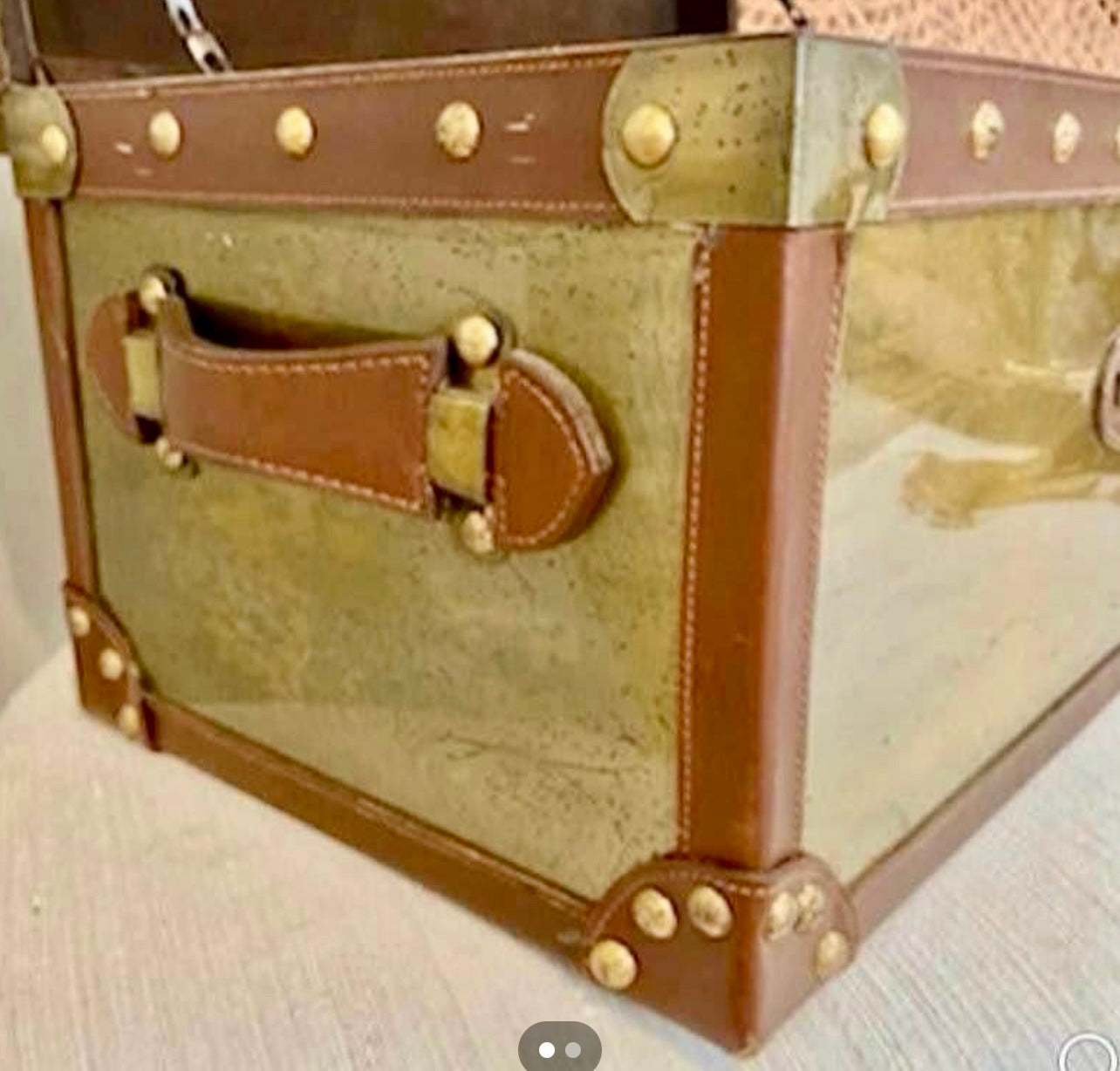 Massive Rustic chic brass and leather storage chest trunk 18 x 12