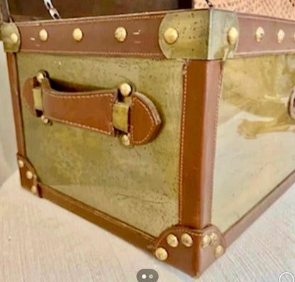 Massive Rustic chic brass and leather storage chest trunk 18 x 12