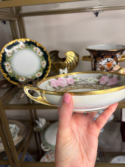 Antique Nippon handpainted floral bowl with handles!