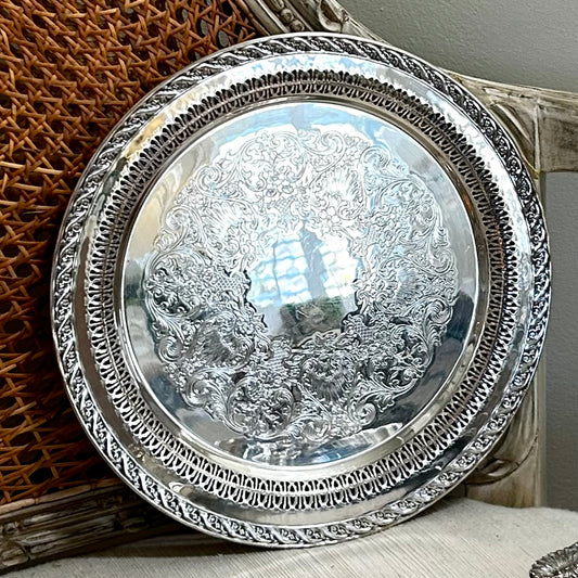 gorgeous round reticulated silver plate tray platter.