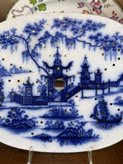 Antique 15X12"  Ridgway Flow Blue Pagoda Drainer | c.1830 | Style DA4359