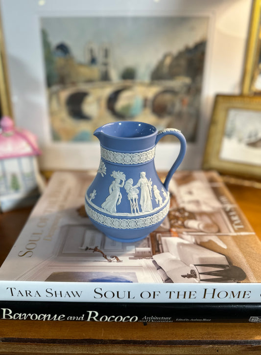 PRISTINE Wedgwood Blue Jasperware Etruscan Jug, circa 1967, 5.5”