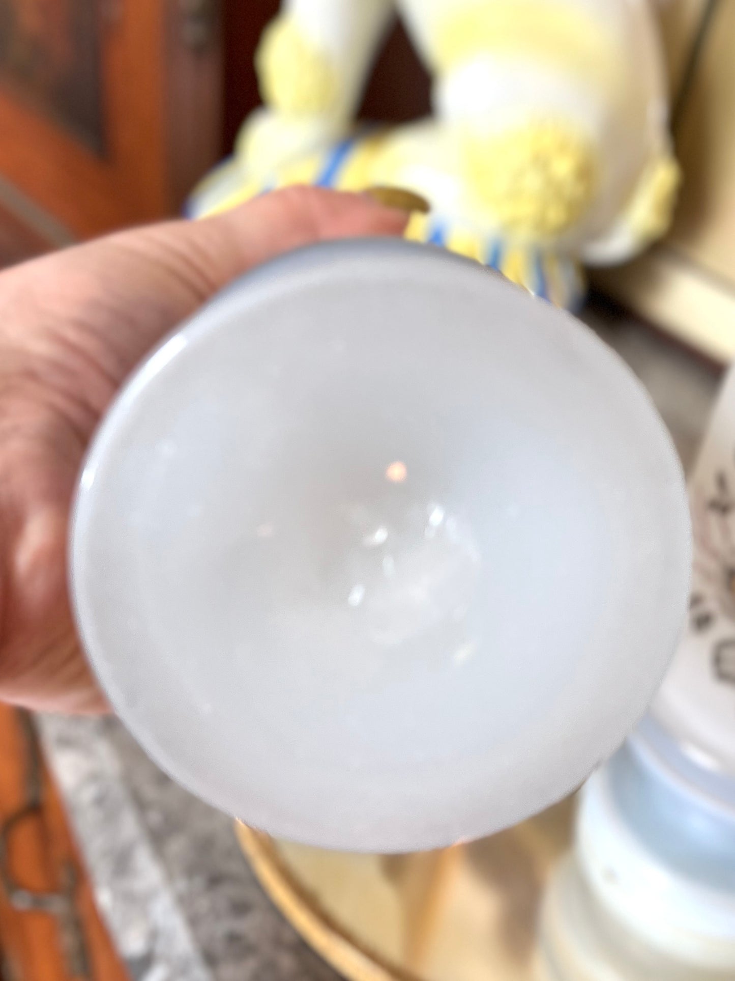 Unique Pair Of Hand Painted Bristol Glass Vases With Left/Right Hands And Flowers 9”