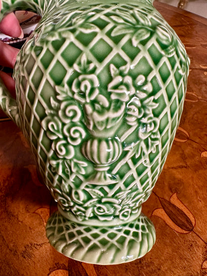 Vintage Bordallo Pinheiro Rose Garden Green Majolica Pitcher | Portugal